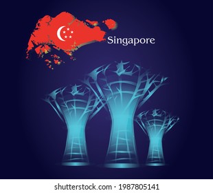 Singapore city skyline at night. Supertree Grove Gardens by the Bay. Singapore flag in the form of the country.