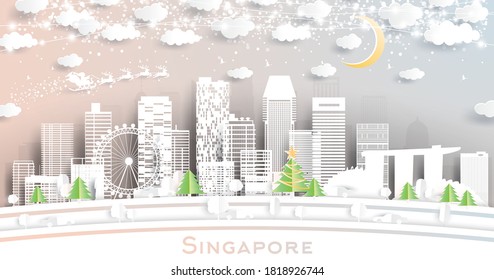 Singapore City Skyline in Paper Cut Style with Snowflakes, Moon and Neon Garland. Vector Illustration. Christmas and New Year Concept. Santa Claus on Sleigh.