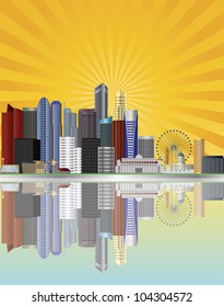 Singapore City Skyline Reflection along the Mouth of Singapore River with Sun Rays Background Illustration