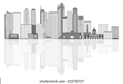 Singapore City Skyline Silhouette Outline Panorama Grayscale with Reflection Isolated on White Background Vector Illustration