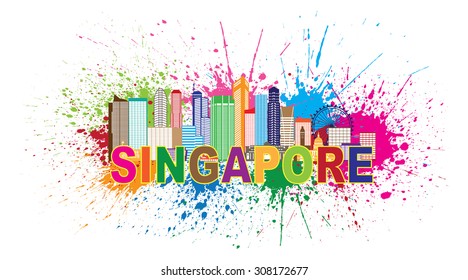 Singapore City Skyline Silhouette Outline Panorama Color with Text and Paint Splatter Abstract Isolated on White Background Vector Illustration