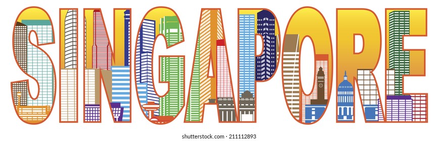 Singapore City Skyline Text Outline Panorama Color Vector Illustration