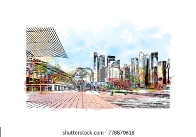 Singapore City. Watercolor splash with hand drawn sketch in vector illustration.
