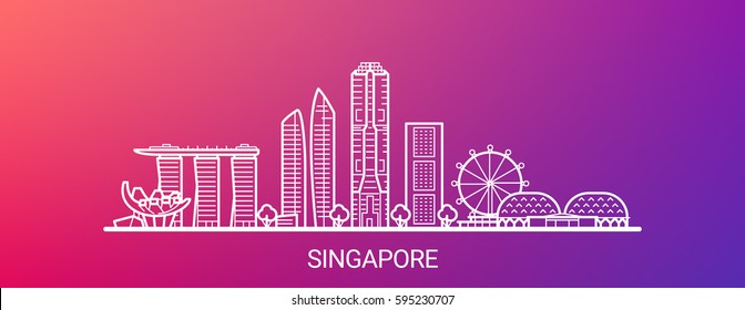 Singapore city white line on colorful background. All Singapore buildings - customizable objects with opacity mask, so you can simple change composition and background. Line art.