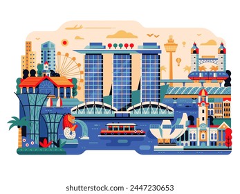 Das Stadtbild Singapurs mit seinen berühmten Wahrzeichen und touristischen Symbolen. In: Asian Modern City Flat Scene. Reisen Asien Illustration im flachen Design.