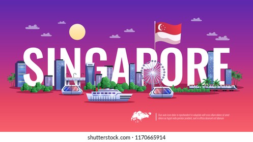 Singapore colorful horizontal illustration of panoramic view with modern buildings ships and vehicles flat vector illustration