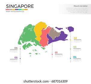 Singapore country map infographic colored vector template with regions and pointer marks