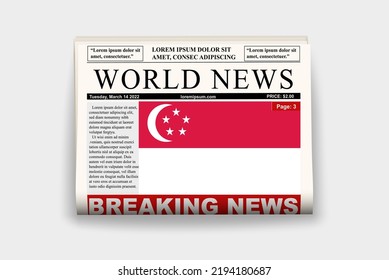 Singapore country newspaper with flag, breaking news on newsletter, Singapore news concept, gazette page with headline, journal with country flag, reading newspaper, streamer headline