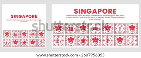 Singapore Cultural Icons in Red Peranakan Tile Style Vector Design for Travel and Souvenir Concepts

