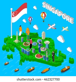 Singapore cultural symbols map for tourists with transport landmarks and national seafood dishes isometric poster vector illustration