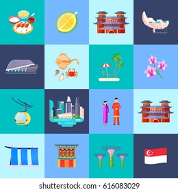 Singapore Culture Colored Flat Icon Set With Main Attractions In Little Circles Vector Illustration