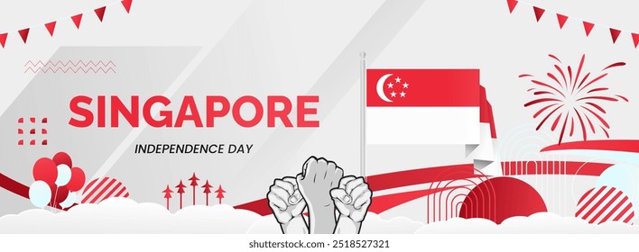 Singapore day banner. Creative horizontal poster in country flag colors and raised hand. Modern background for national or independence day greeting cards, holidays theme, and more events