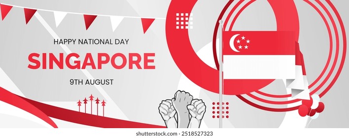 Singapore day banner. Creative horizontal poster in country flag colors and raised hand. Modern background for national or independence day greeting cards, holidays theme, and more events
