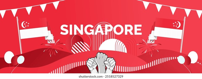 Singapore day banner. Creative horizontal poster in country flag colors and raised hand. Modern background for national or independence day greeting cards, holidays theme, and more events