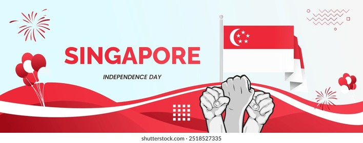 Anuncio del día de Singapur. Cartel Horizontal creativo en colores de la bandera del país y mano levantada. Fondo moderno para tarjetas de felicitación del día nacional o de independencia, tema de vacaciones y más eventos