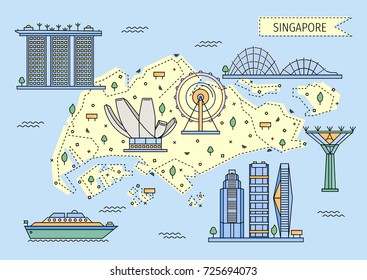 Singapore decorative map in flat line style with main city attractions. Vector illustration concept of singaporean buildings for banners, cards, posters, graphic and web design.