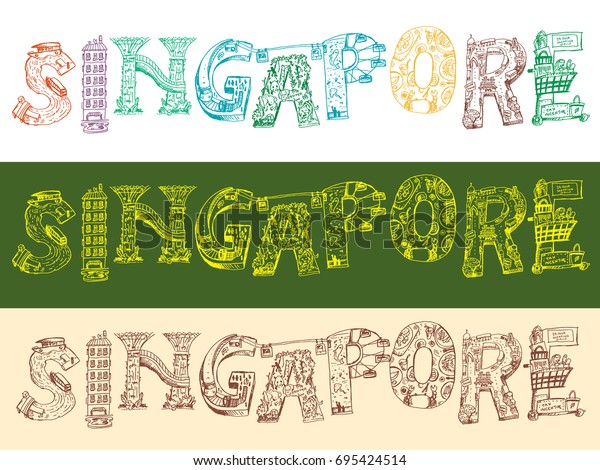 Singapore Doodle style Word Icon with\
Tourism or Travel destination concept. Editable Clip\
Art.