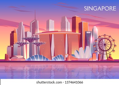 Singapore evening, morning skyline with futuristic skyscraper buildings on city bay illuminated with setting, raising sun cartoon vector background. Asian metropolis touristic attractions illustration