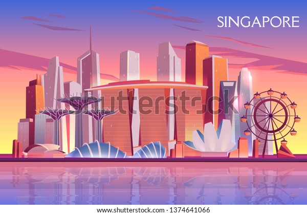 シンガポールの夕方 未来的な高層ビルが建つ 都市の湾の上には 夕日の漫画のベクター画像の背景に明るい アジアの都会の観光イラスト のベクター画像素材 ロイヤリティフリー