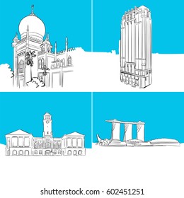 Singapore Famous Buildings Vector Sketches, hand-drawn vector sketches