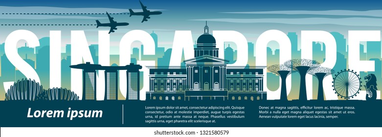 Singapore famous landmark silhouette style,text within,travel and tourism,blue tone color theme,vector illustration