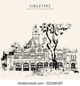 Singapore fire station black and white drawing. Vintage travel postcard or poster with hand lettering. Vector