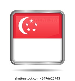 Singapore Flag 3D Glossy Vector Illustration, Rectangular or Square Shape, Scalable EPS File. Square Singapore flag button with elegant silver frame, premium and shiny.