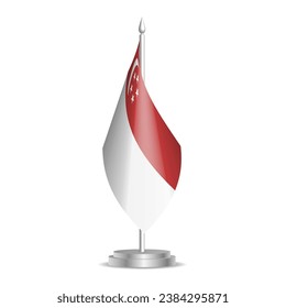 Bandera de Singapur - mini bandera 3D colgando en el asta de escritorio. Se puede utilizar para la presentación en la cumbre o en la conferencia. Ilustración vectorial con sombreado.