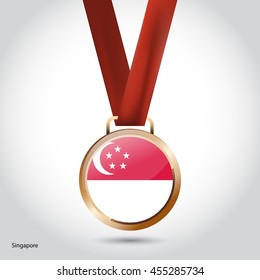 Singapore Flag in Bronze Medal. Vector Illustration. RIO Olympic Game Bronze Medal. Vector Illustration