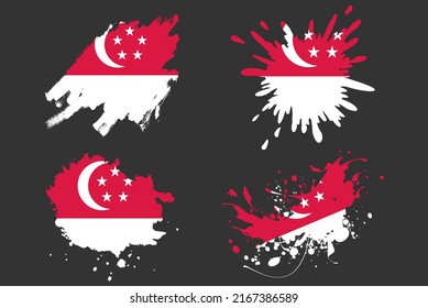 Juego de vectores de salpicadura de la bandera de Singapur, activo del logo del país, concepto de ilustración de gruns de pintura, efecto de grifo del pincel de la bandera de Singapur, máscara de salpicadura de agua, idea del logo de la bandera del país creativa