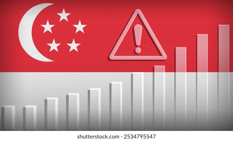 Singapore flag with burlap texture, warning sign, and rising bar chart symbolizing increasing risk or growth challenges in the country. Ideal for data presentations.