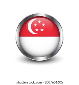 Singapore Flag Button in round metal chrome frame with shadow. vector illustration