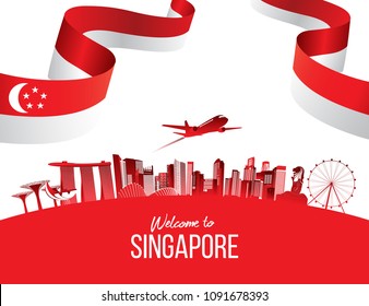 Singapore flag and city skyline. vector illustration