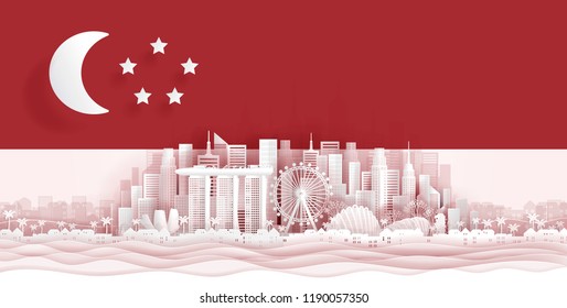 Singapore flag and famous landmarks in paper cut style vector illustration.