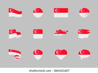 Singapore flag - flat collection. Flags of different shaped twelve flat icons. Vector illustration set