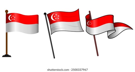 Singapore flag flying in waves with flagpole icon editable and scalable vector eps file, for design elements, banners, signs, posters, symbols, etc.