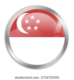 Singapore flag - glossy circle button in metal frame displays a colorful flag of a country cultural identity and heritage. The essence of national pride and unity.