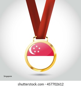 Singapore Flag in gold Medal. Vector Illustration. RIO Olympic Game gold Medal. Vector Illustration