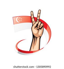 Singapore flag and hand on white background. Vector illustration