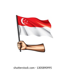 Singapore flag and hand on white background. Vector illustration