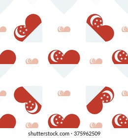 Singapore flag heart seamless pattern. Patriotic Singapore flag background. Country flag in the shape of heart. Vector seamless pattern.