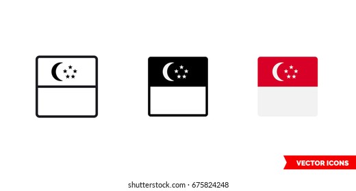 Singapore flag icon of 3 types: color, black and white, outline. Isolated vector sign symbol.