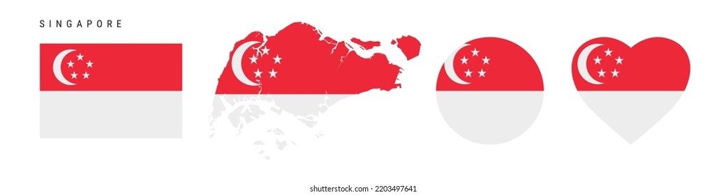 Singapore flag icon set. Singaporean pennant in official colors and proportions. Rectangular, map-shaped, circle and heart-shaped. Flat vector illustration isolated on white.