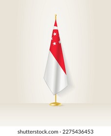 Bandera de Singapur en un puesto de bandera. Ilustración vectorial.