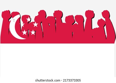 Singapore flag with raised protest hands vector, country flag logo, Singapore protesting concept, flat design, against idea