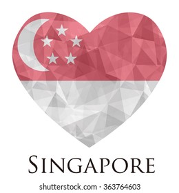 Singapore flag shape heart in geometric rumpled triangular low poly origami style graphic illustration,mosaic polygonal style.Symbol of love to country.Retro or vintage style background.