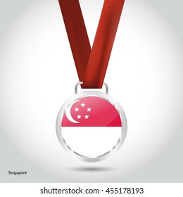 Singapore Flag in Silver Medal. Vector Illustration. RIO Olympic Game silver Medal. Vector Illustration