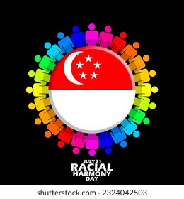 The Singapore flag surrounded by colorful people icons, symbols of various races and bold text on black background to commemorate Racial Harmony Day on July 21 in Singapore