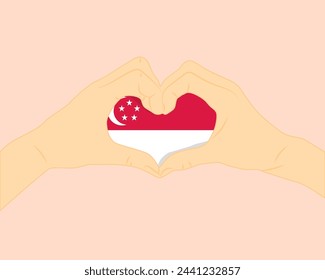 Bandera de Singapur con forma de corazón de dos manos, expresar amor o afecto concepto, apoyar o donar a Singapur, signo de amor de corazón de mano, diseño vectorial, patriotismo y nacionalismo idea