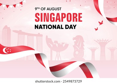 Singapur-Flagge auf Skyline-Hintergrund. National Day Concept Design-Vektorgrafik.